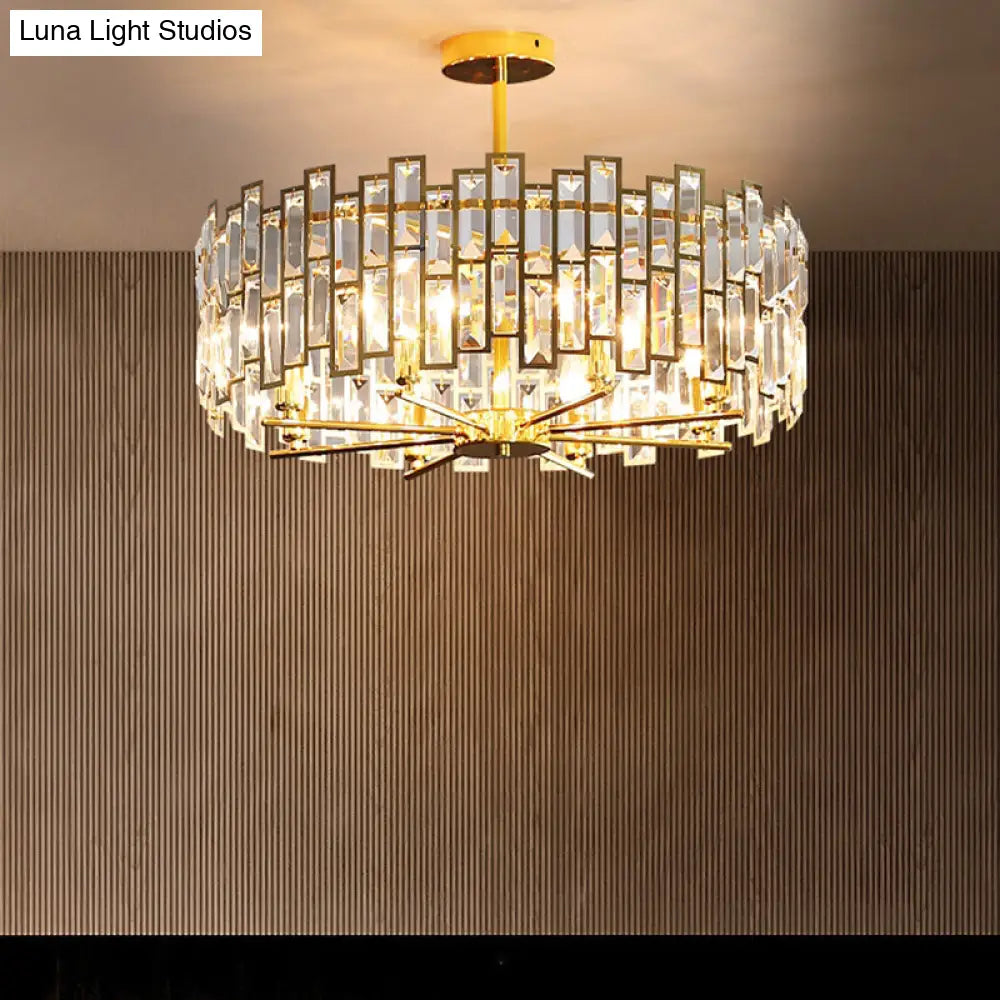 Gold Crystal Tri-Sided Rods Drum Pendant Lamp - Modern Bedroom Chandelier