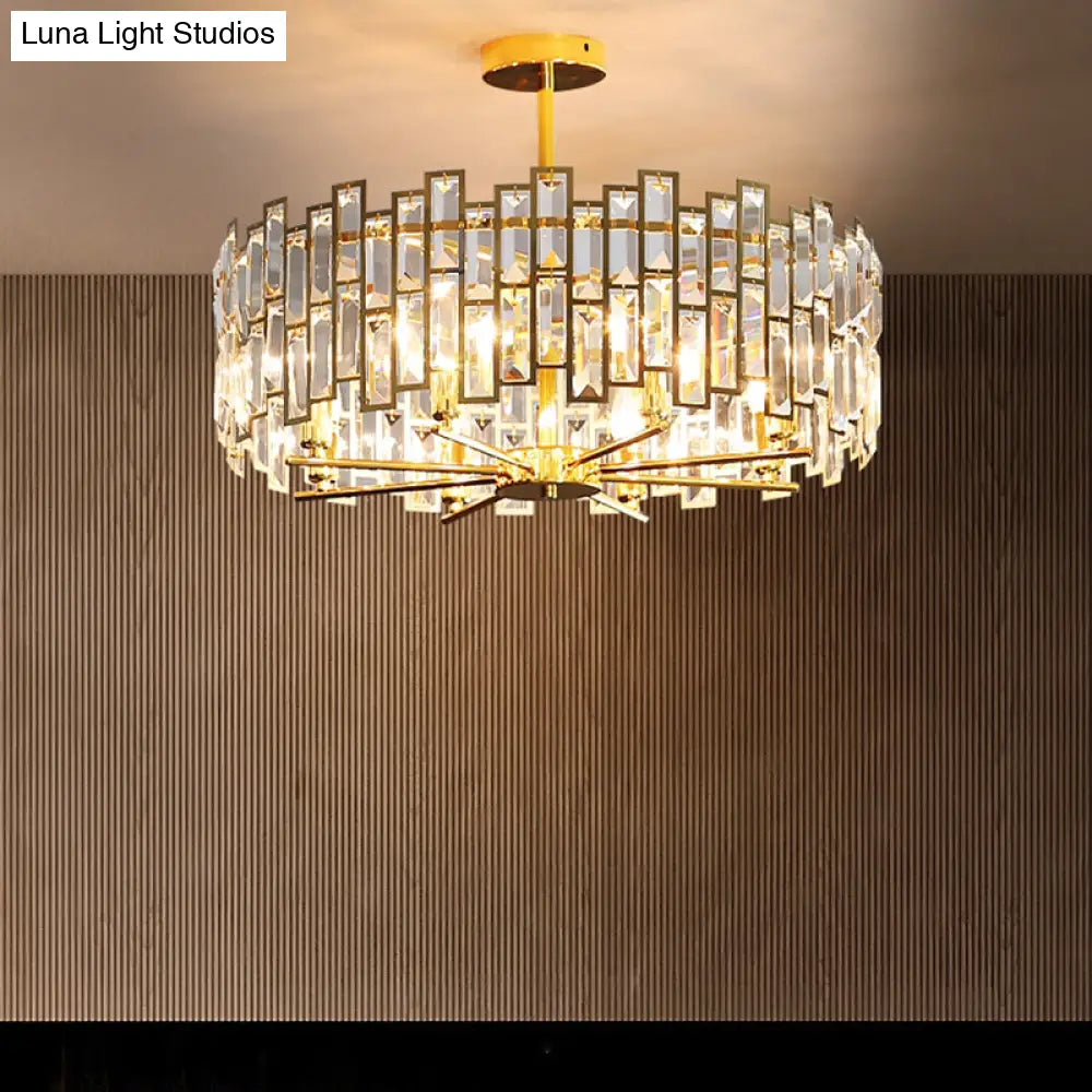 Modern Gold Drum Pendant Lamp With Crystal Rods - Tri-Sided Bedroom Chandelier Light