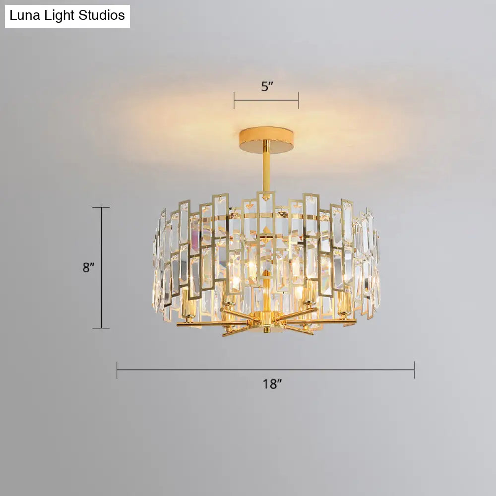 Gold Crystal Tri-Sided Rods Drum Pendant Lamp - Modern Bedroom Chandelier / 18