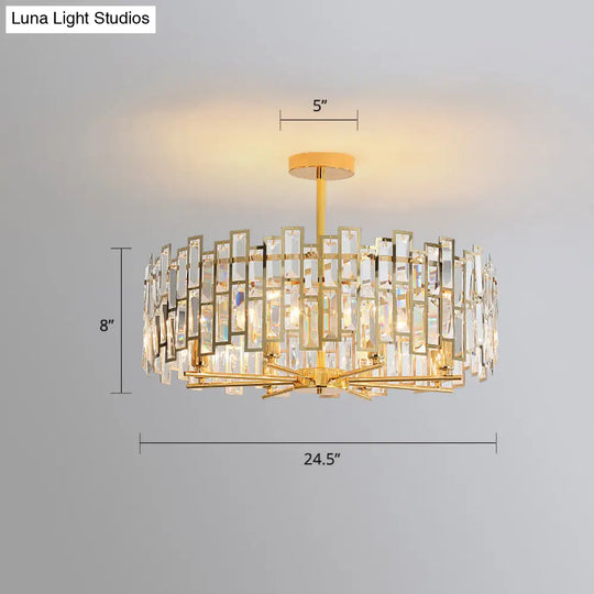 Gold Crystal Tri-Sided Rods Drum Pendant Lamp - Modern Bedroom Chandelier / 24.5