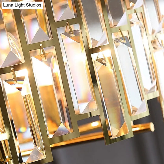 Modern Gold Drum Pendant Lamp With Crystal Rods - Tri-Sided Bedroom Chandelier Light