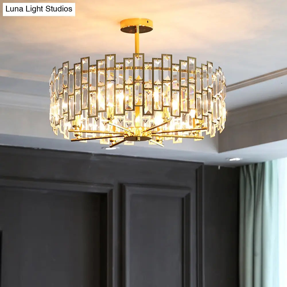 Modern Gold Drum Pendant Lamp With Crystal Rods - Tri-Sided Bedroom Chandelier Light