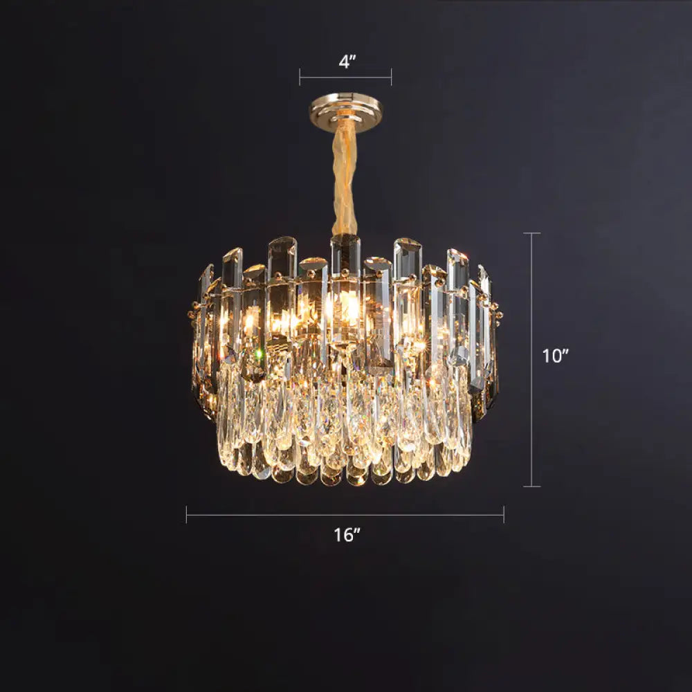 Modern Gold Drum Pendant Light With K9 Crystal - Living Room Chandelier Fixture / 16