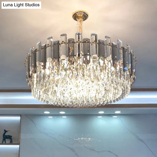 Modern Gold Drum Pendant Light With K9 Crystal - Living Room Chandelier Fixture