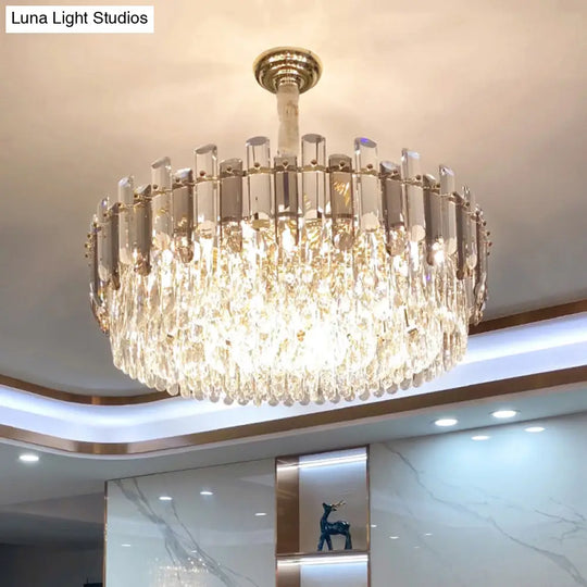 Modern Gold Drum Pendant Light With K9 Crystal - Living Room Chandelier Fixture