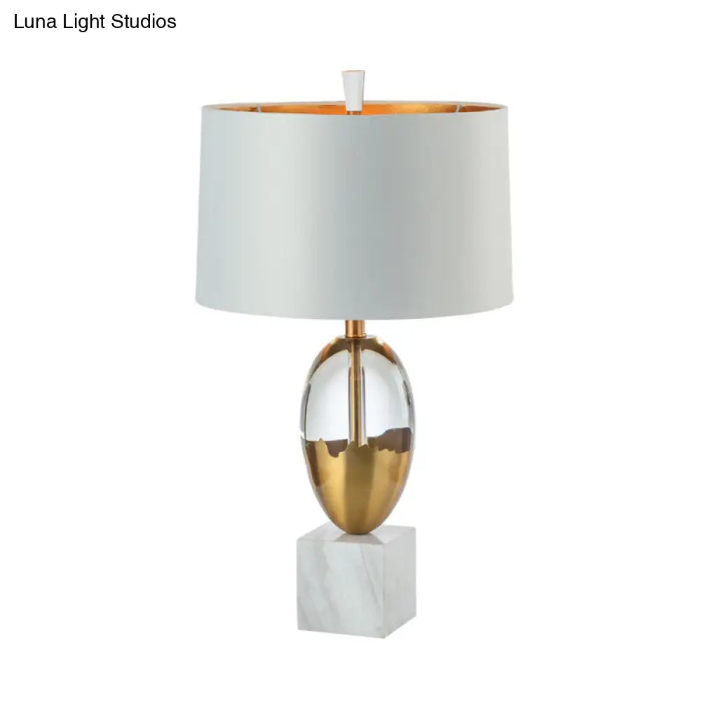 Modern Gold Drum Shade Table Lamp With Square White Marble Base - 1 Bulb Desk Light