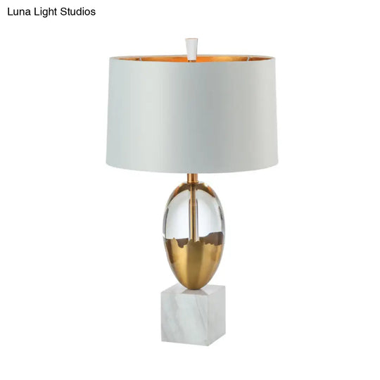 Modern Gold Drum Shade Table Lamp With Square White Marble Base - 1 Bulb Desk Light