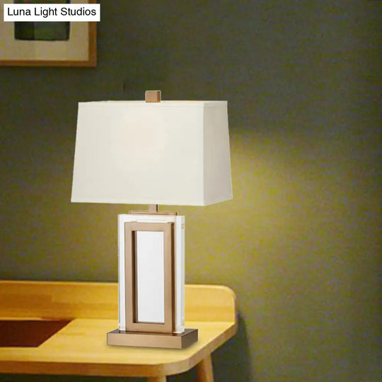 Modern Gold Fabric Desk Lamp - Small Bedside Table Light With Trapezoid Shade