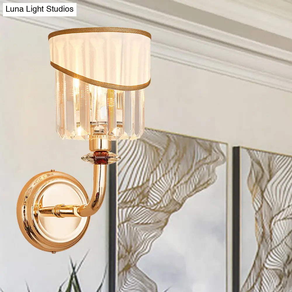 Modern Gold Fabric Wall Light With Crystal Prism And Curved Arm