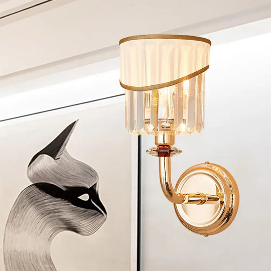 Modern Gold Fabric Wall Light With Crystal Prism And Curved Arm