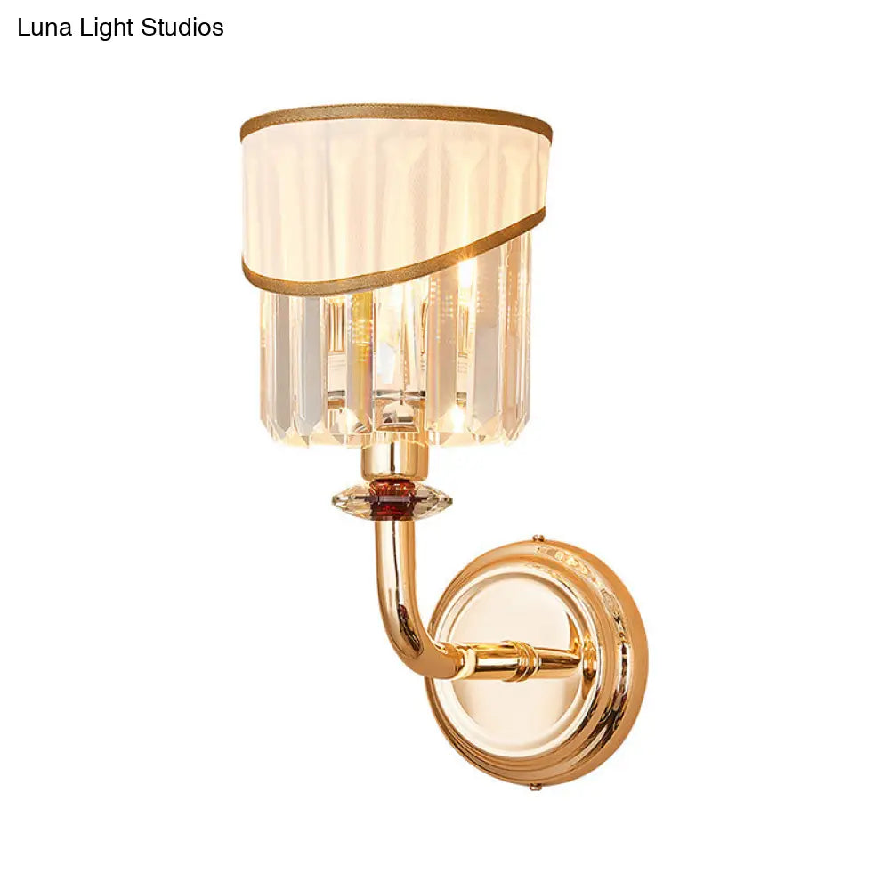 Modern Gold Fabric Wall Light With Crystal Prism And Curved Arm