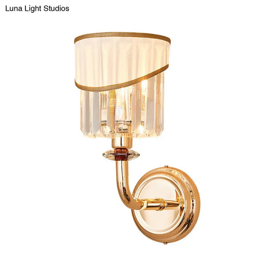 Modern Gold Fabric Wall Light With Crystal Prism And Curved Arm