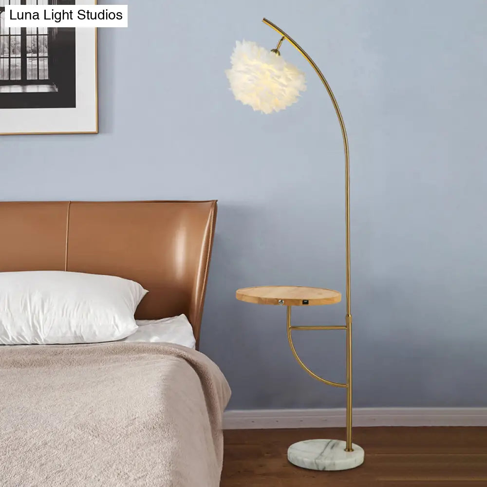 Modern Gold Feather Hemisphere Shade Floor Lamp With Wooden Tray - 1 Bulb Standing Light