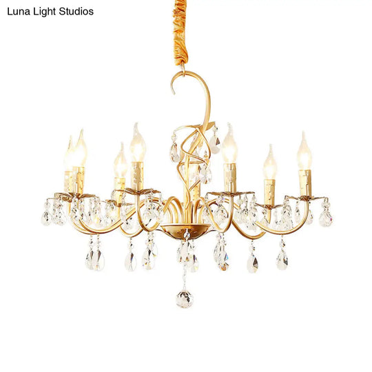 Modern Gold Finish 5/8-Light Metallic Chandelier Lamp With Crystal Deco And Curved Arm