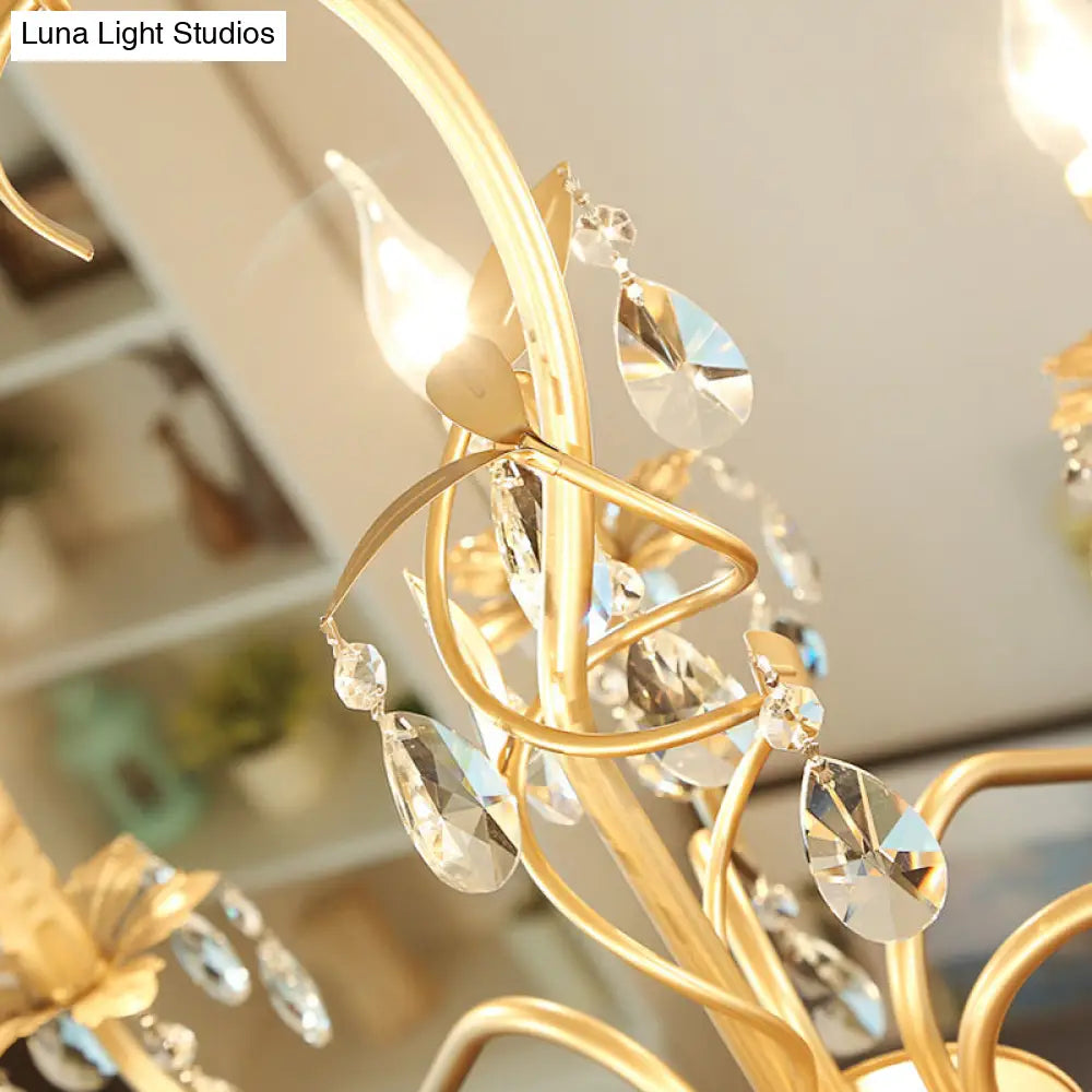 Modern Gold Finish 5/8-Light Metallic Chandelier Lamp With Crystal Deco And Curved Arm