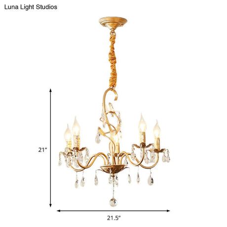 Modern Gold Finish 5/8-Light Metallic Chandelier Lamp With Crystal Deco And Curved Arm