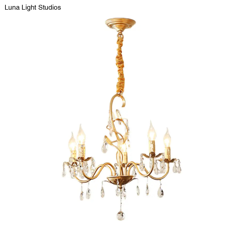 Modern Gold Finish 5/8-Light Metallic Chandelier Lamp With Crystal Deco And Curved Arm