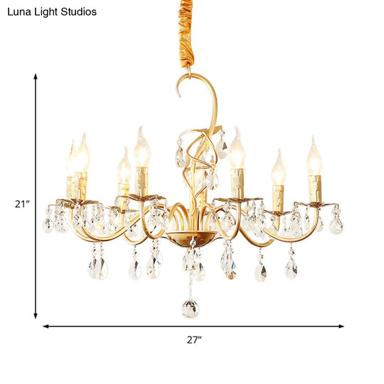 Modern Gold Finish 5/8-Light Metallic Chandelier Lamp With Crystal Deco And Curved Arm