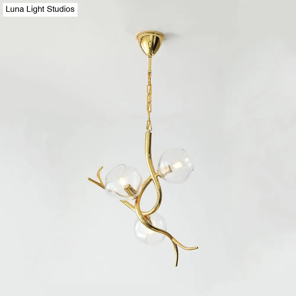 Modern Gold Finish Branch Pendant Chandelier - Clear Glass Led Ceiling Light (3 Heads)