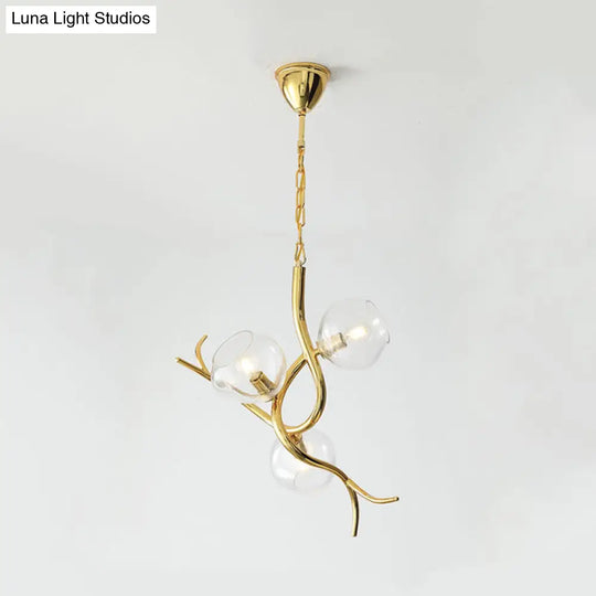 Modern Gold Finish Branch Pendant Chandelier - Clear Glass Led Ceiling Light (3 Heads)