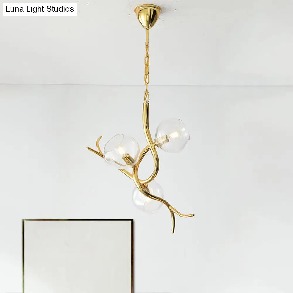 Modern Clear Glass Branch Pendant Chandelier With Gold Finish - Led Ceiling Light (3 Heads)