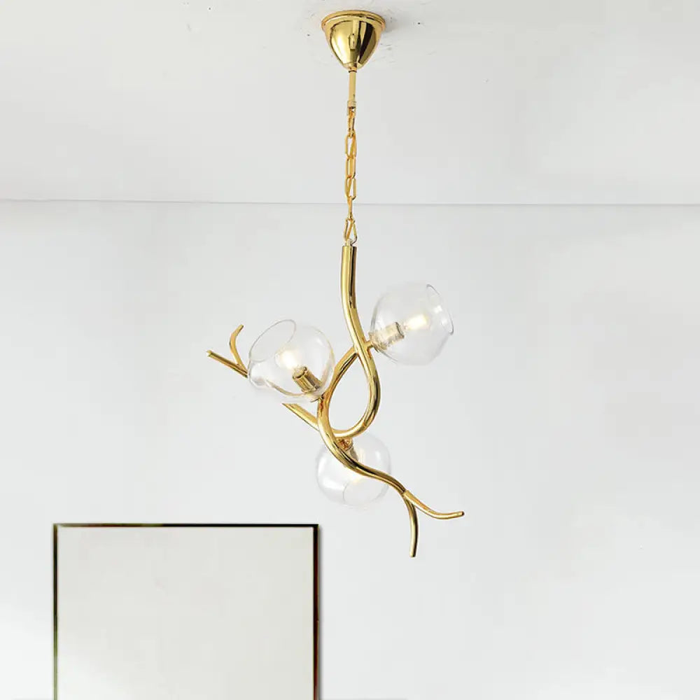 Modern Gold Finish Branch Pendant Chandelier - Clear Glass Led Ceiling Light (3 Heads)