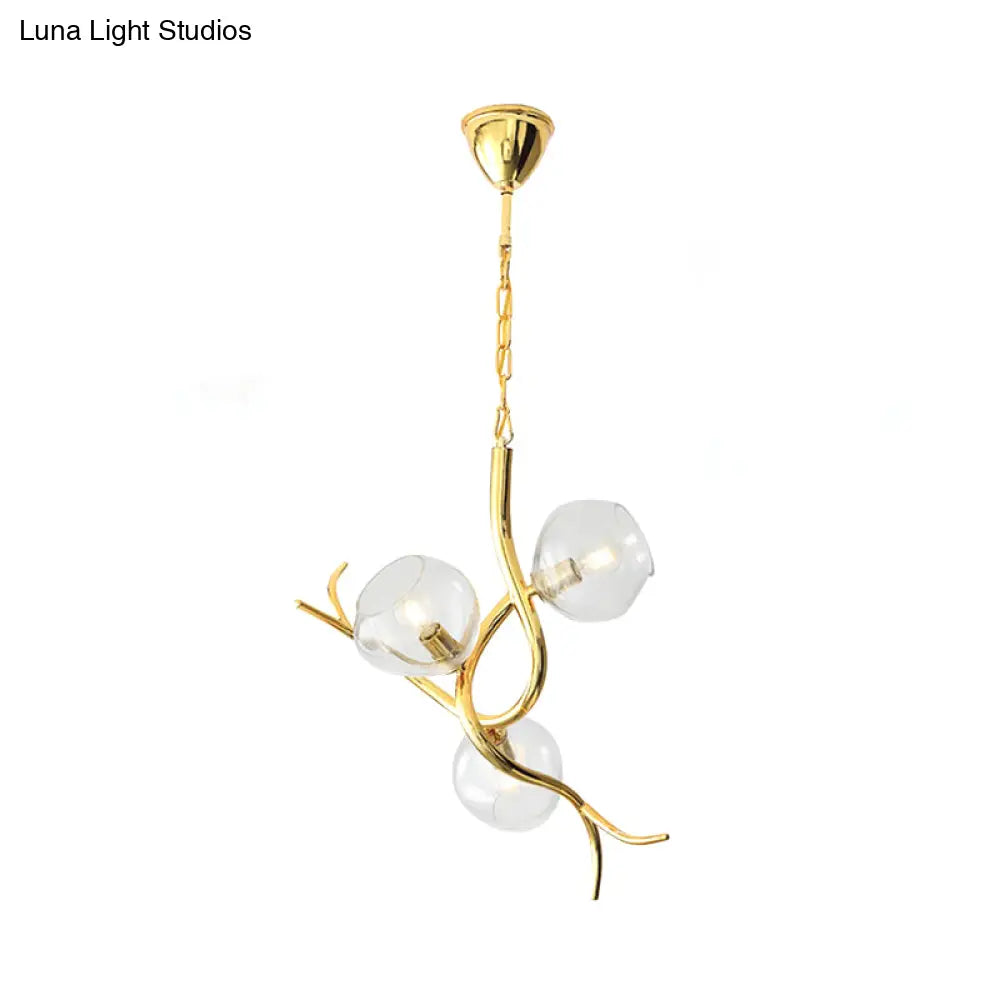 Modern Gold Finish Branch Pendant Chandelier - Clear Glass Led Ceiling Light (3 Heads)