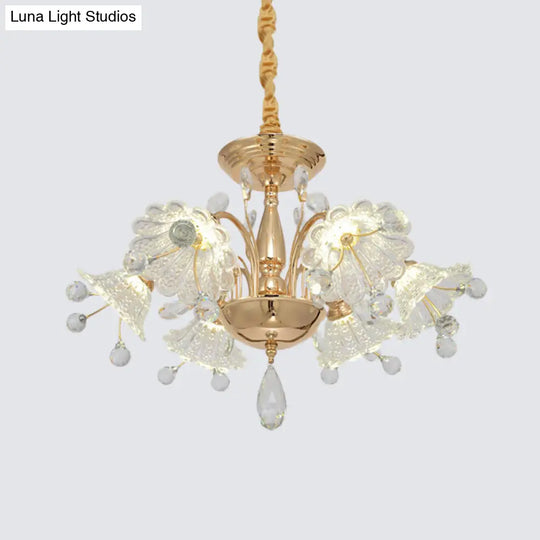 Modern Gold Finish Chandelier Lamp With Curved Arm Crystal Flower Shade - 6 Bulbs