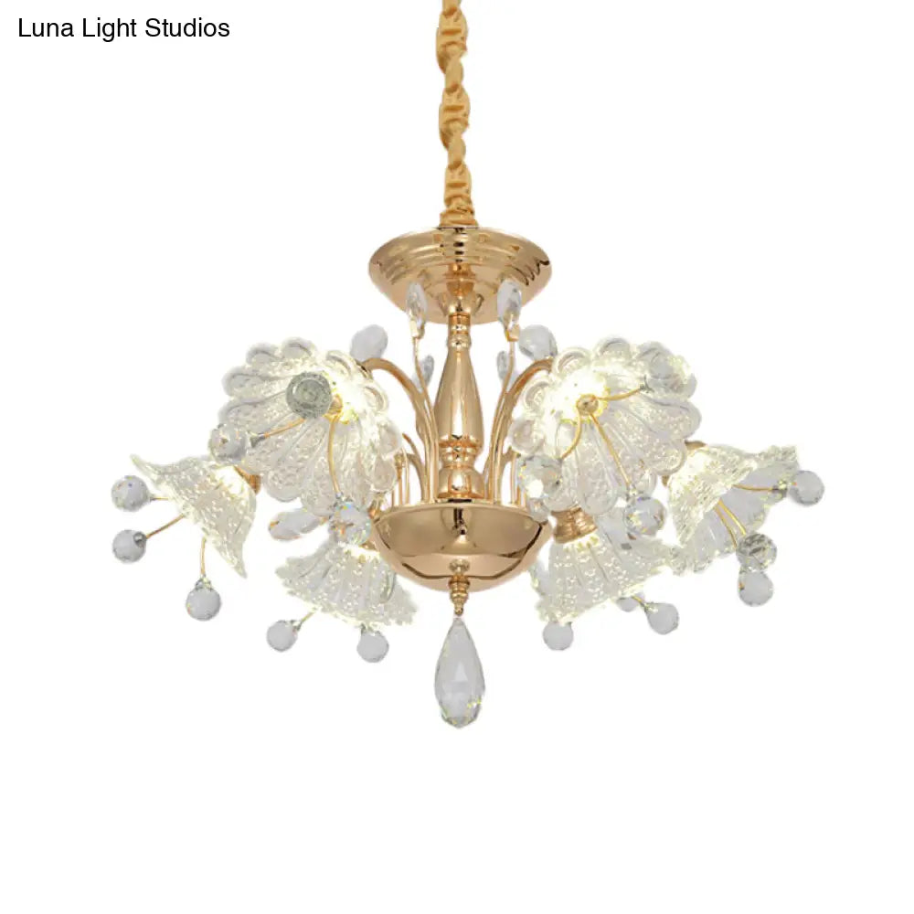 Modern Gold Finish Chandelier Lamp With Curved Arm Crystal Flower Shade - 6 Bulbs