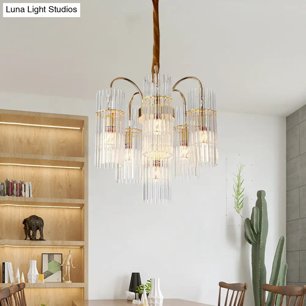 Modern Gold Chandelier With 6-Head Down Lighting Clear Glass Bar Shade - Bedroom Fixture