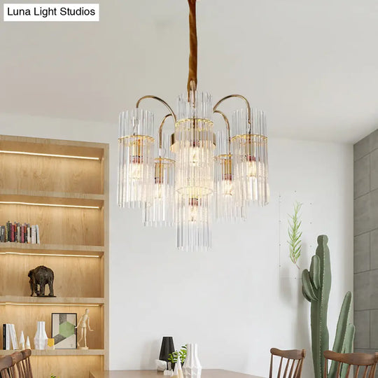 Modern Gold Chandelier With 6-Head Down Lighting Clear Glass Bar Shade - Bedroom Fixture