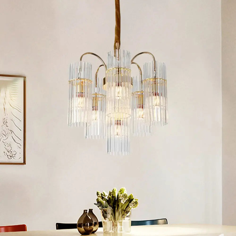 Modern Gold Finish Chandelier With Clear Glass Shades And 6-Head Bedroom Down Lighting