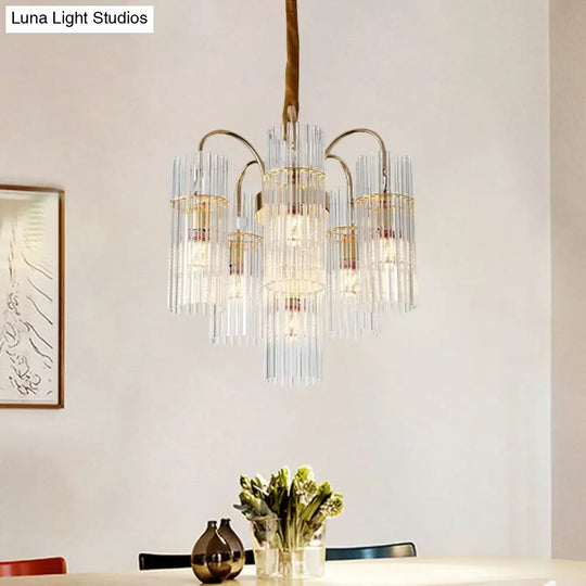 Modern Gold Chandelier With 6-Head Down Lighting Clear Glass Bar Shade - Bedroom Fixture