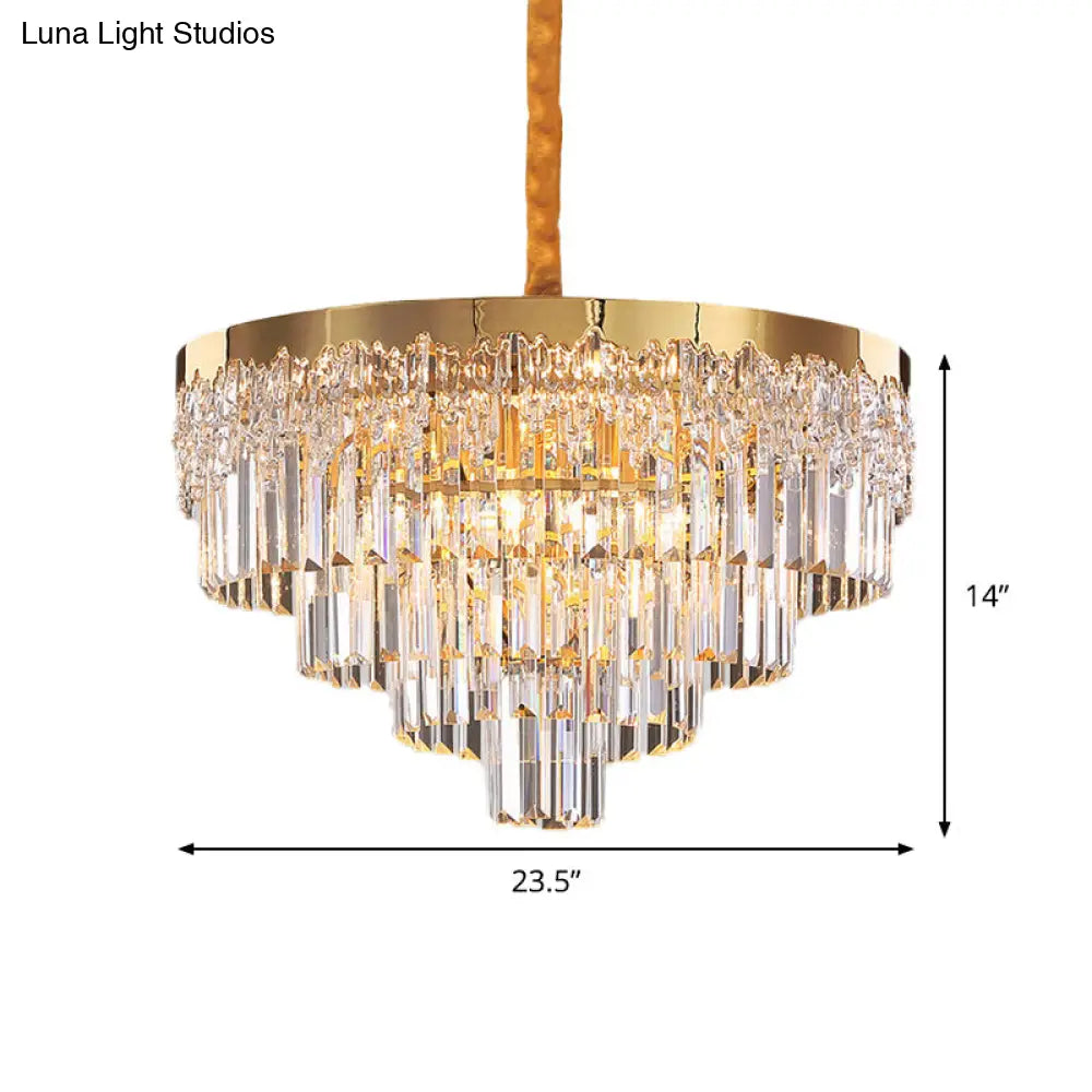 Modern Gold Finish Chandelier With 6/10 Bulbs Clear Crystal Blocks & Tapered Suspension - 19/23.5