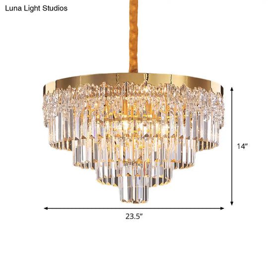 Modern Gold Finish Chandelier With 6/10 Bulbs Clear Crystal Blocks & Tapered Suspension - 19/23.5