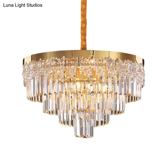 Modern Gold Finish Chandelier With 6/10 Bulbs Clear Crystal Blocks & Tapered Suspension - 19/23.5