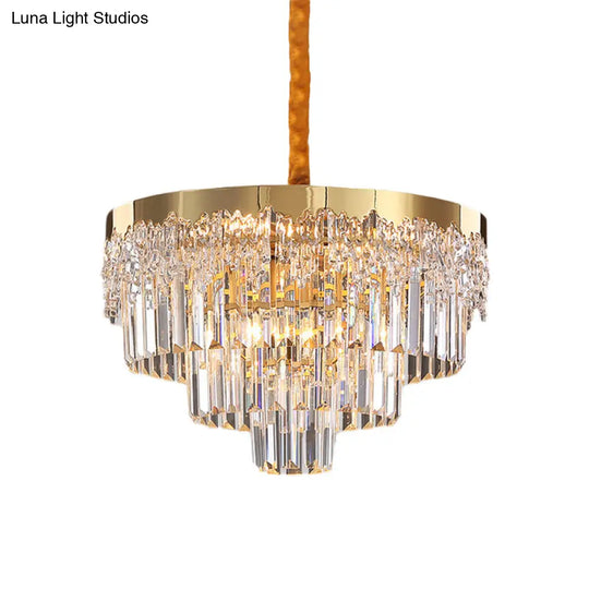 Modern Gold Finish Chandelier With 6/10 Bulbs Clear Crystal Blocks & Tapered Suspension - 19/23.5