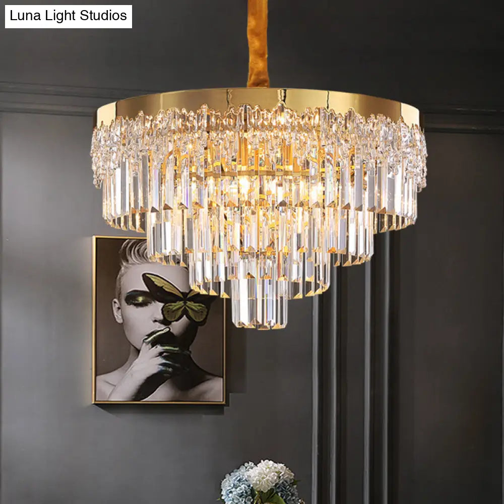 Modern Gold Finish Chandelier With 6/10 Bulbs Clear Crystal Blocks & Tapered Suspension - 19/23.5