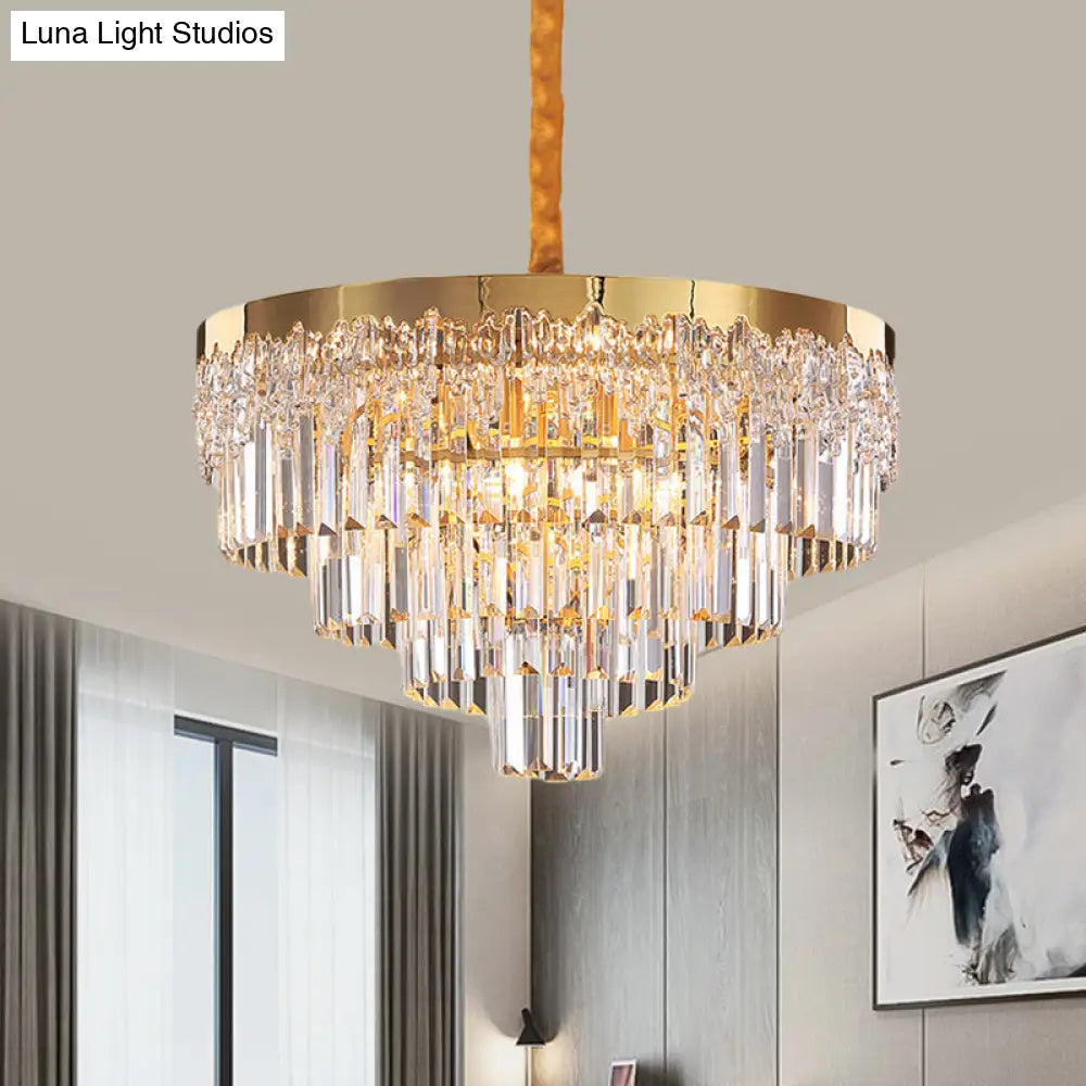 Modern Gold Finish Chandelier With 6/10 Bulbs Clear Crystal Blocks & Tapered Suspension - 19/23.5