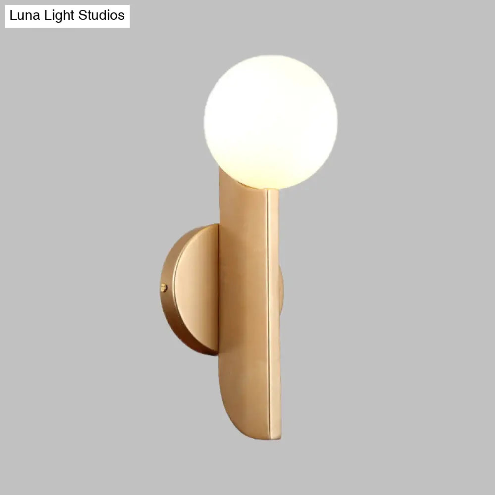 Modern Gold Finish Corner Wall Sconce With Ball Milky Glass Shade - 1 Light