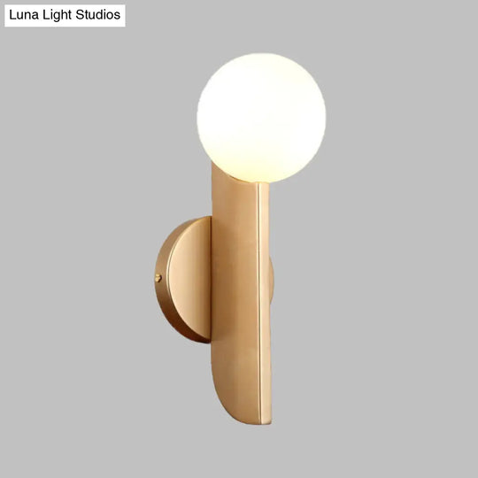 Modern Gold Finish Corner Wall Sconce With Ball Milky Glass Shade - 1 Light