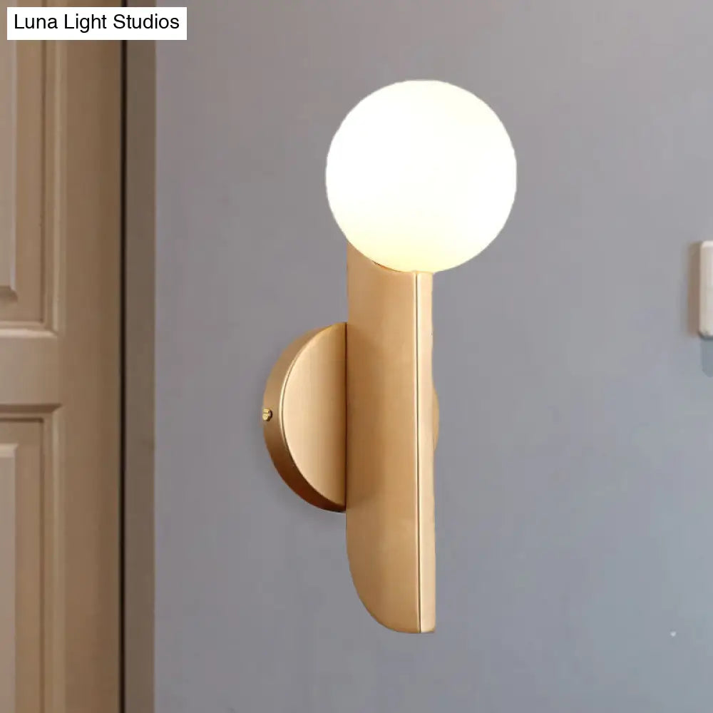 Modern Gold Finish Corner Wall Sconce With Ball Milky Glass Shade - 1 Light