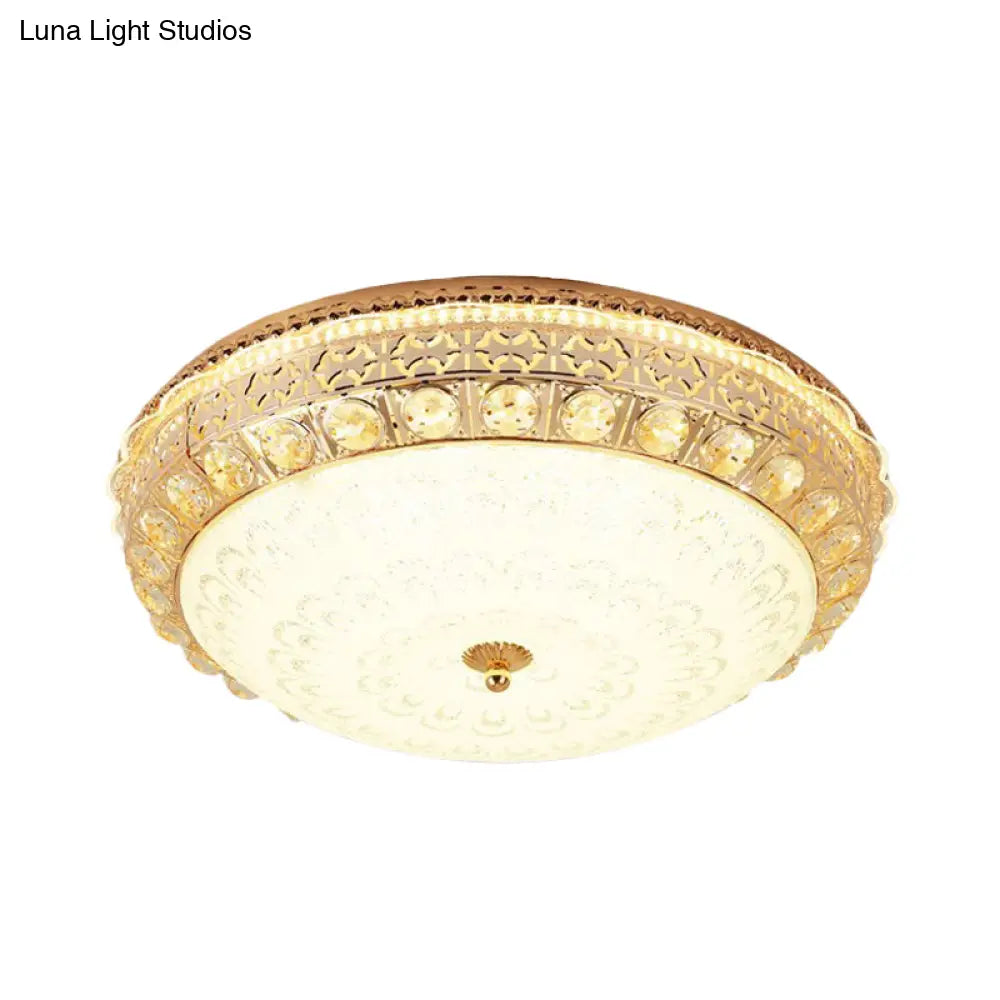 Modern Gold Finish Flush Mount Ceiling Light With Crystal Block Accents - Led Round Lamp