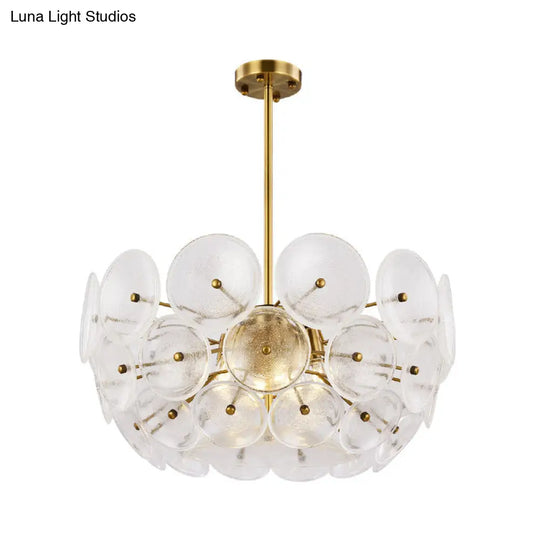 Modern Gold Finish Hanging Chandelier With Clear Glass Discs Triple Light Pendant Lamp