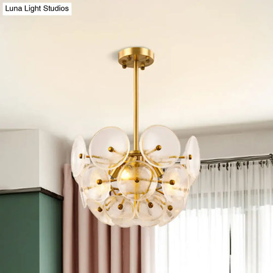 Modern Gold Finish Hanging Chandelier With Clear Glass Discs Triple Light Pendant Lamp