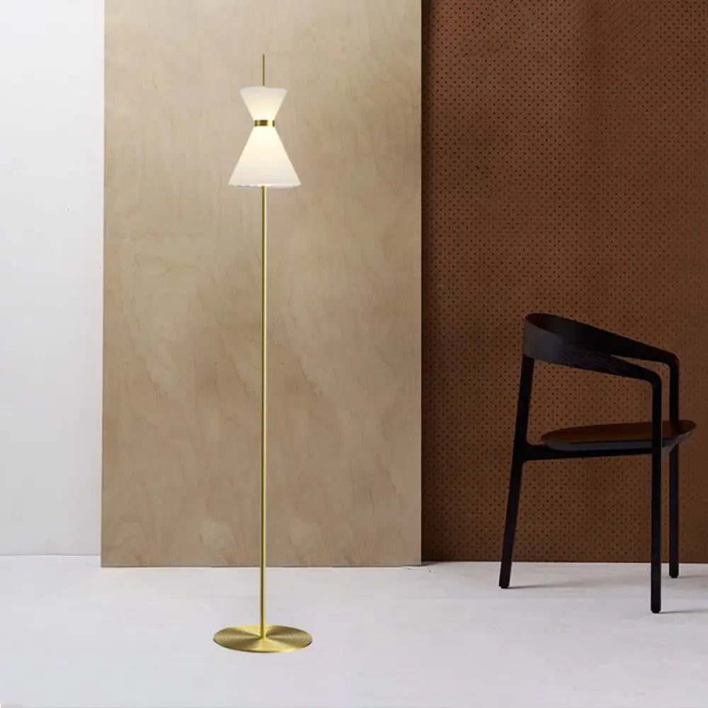 Modern Gold Finish Hourglass Led Floor Lamp With Opal Ribbed Glass