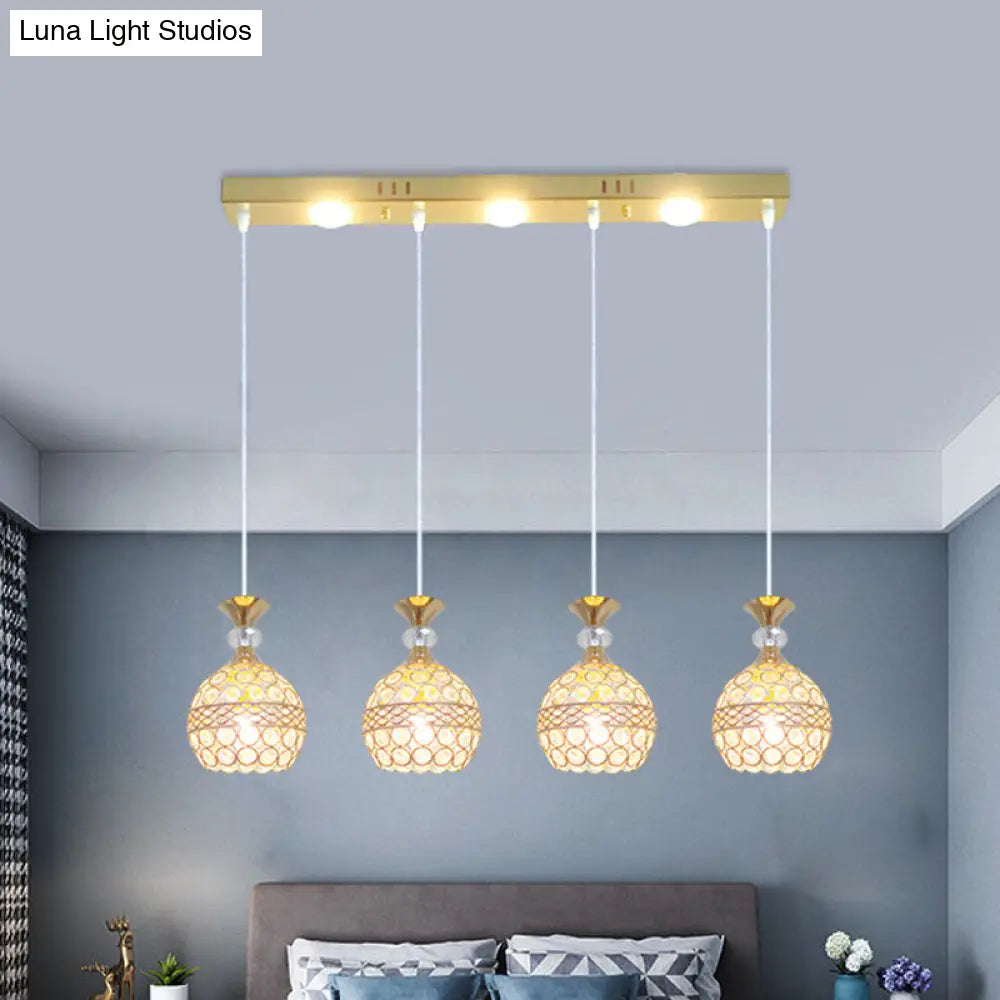 Modernist Gold Finish Pendant Dining Room Ceiling Light With Crystal Embedded Globe Shade - 4 Heads