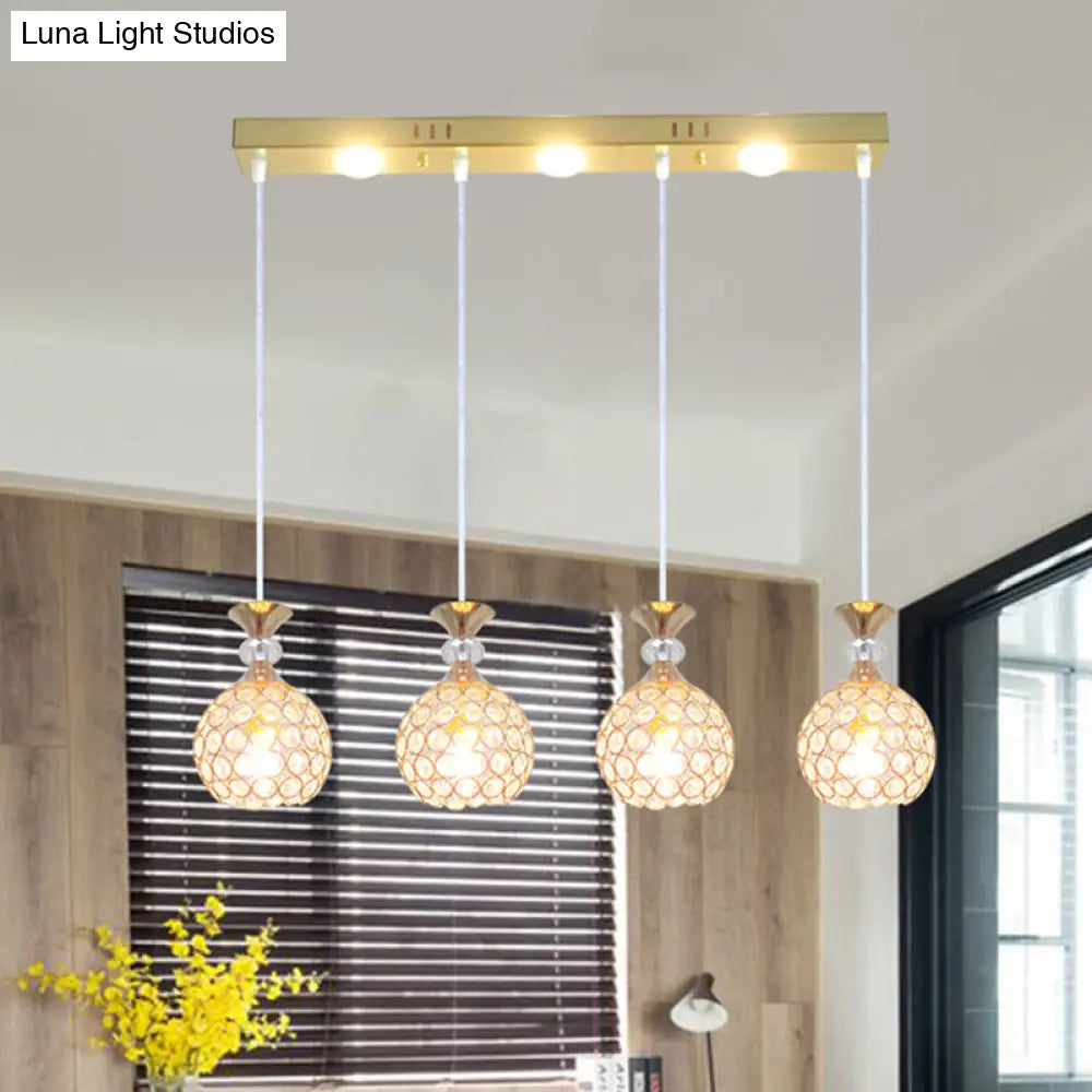 Modernist Gold Finish Pendant Dining Room Ceiling Light With Crystal Embedded Globe Shade - 4 Heads