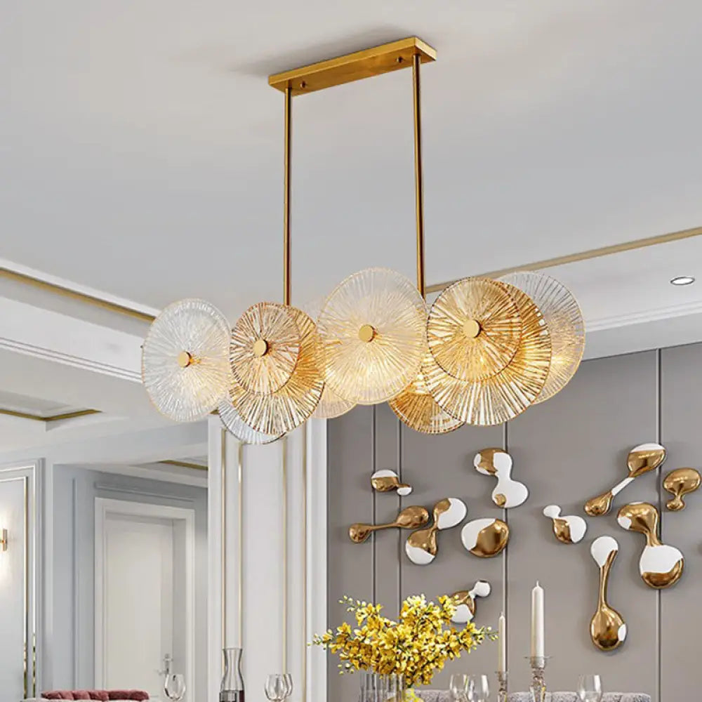 Modern Gold Finish Pendant Light With Prismatic Glass Shade - 8 Bulbs Ideal For Dining Room Or