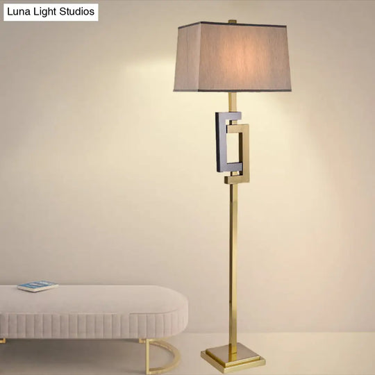 Modern Gold Finish Rectangle Floor Lamp With Single Brown Fabric Shade